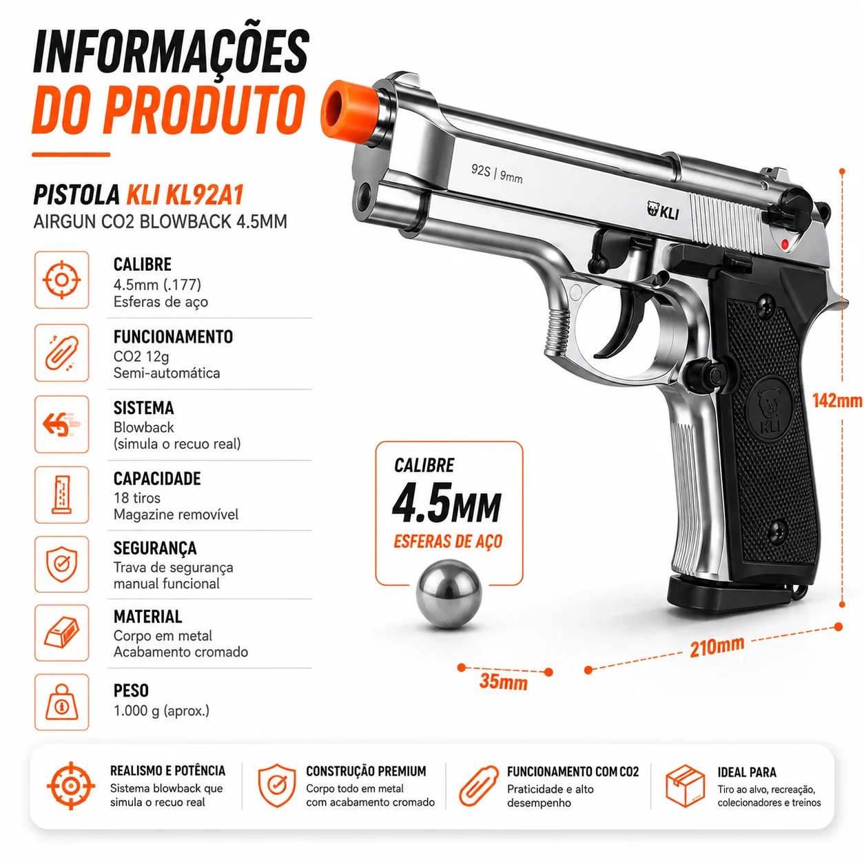 Pistola Kl92a1 Beretta Kli Cromada Airgun Co2 Blowback 4.5mm Prateado - Maleta Completa imagem 3