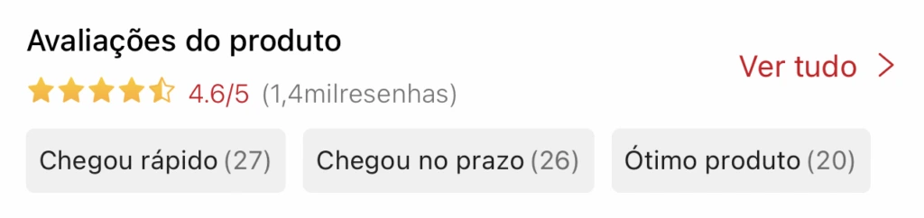 Avaliações do produto 4.6/5 com 1,4 mil resenhas