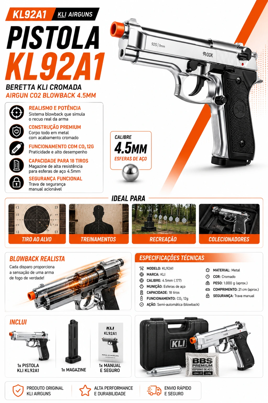 Características da Pistola Kl92a1 Beretta Kli Cromada Airgun Co2 Blowback 4.5mm Prateado
